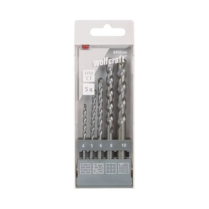 Set de forets spiralés pour pierre 5 pièces Wolfcraft 8450000 4 mm, 5 mm, 6 mm, 8 mm, 10 mm carbure de tungstène tige c
